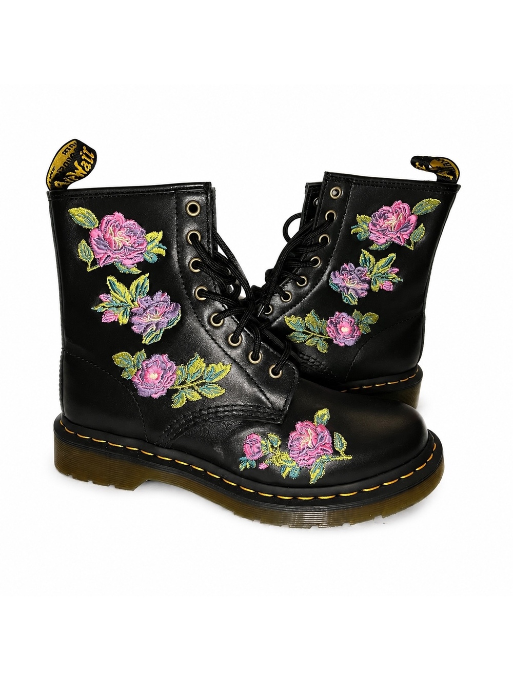Dr. Martens 1460 Pascal Floral Embroidered Combat Boots Black Pink Roses Size 8